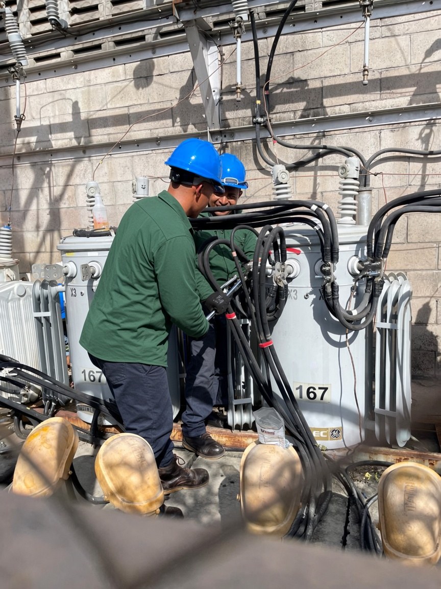 Técnicos junto a transformadores