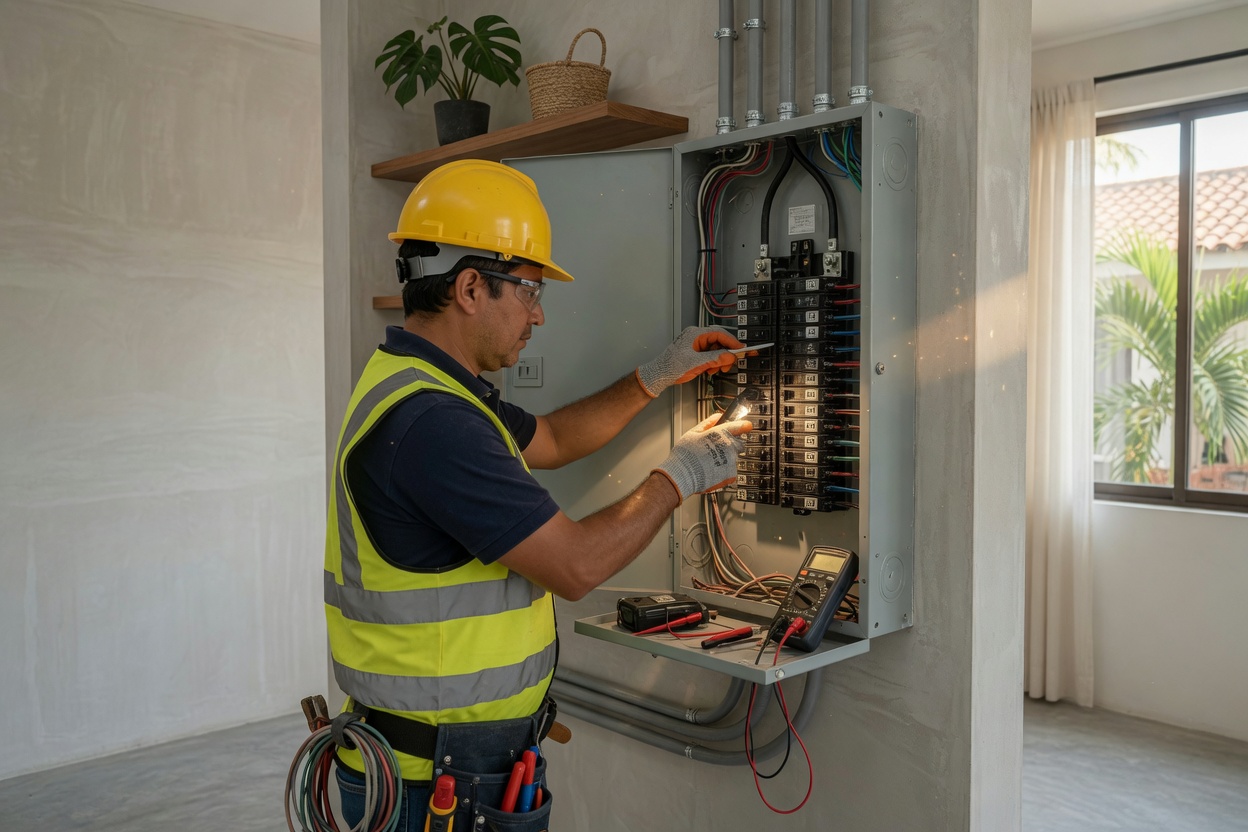 Electricista instalando un tablero eléctrico en una vivienda
